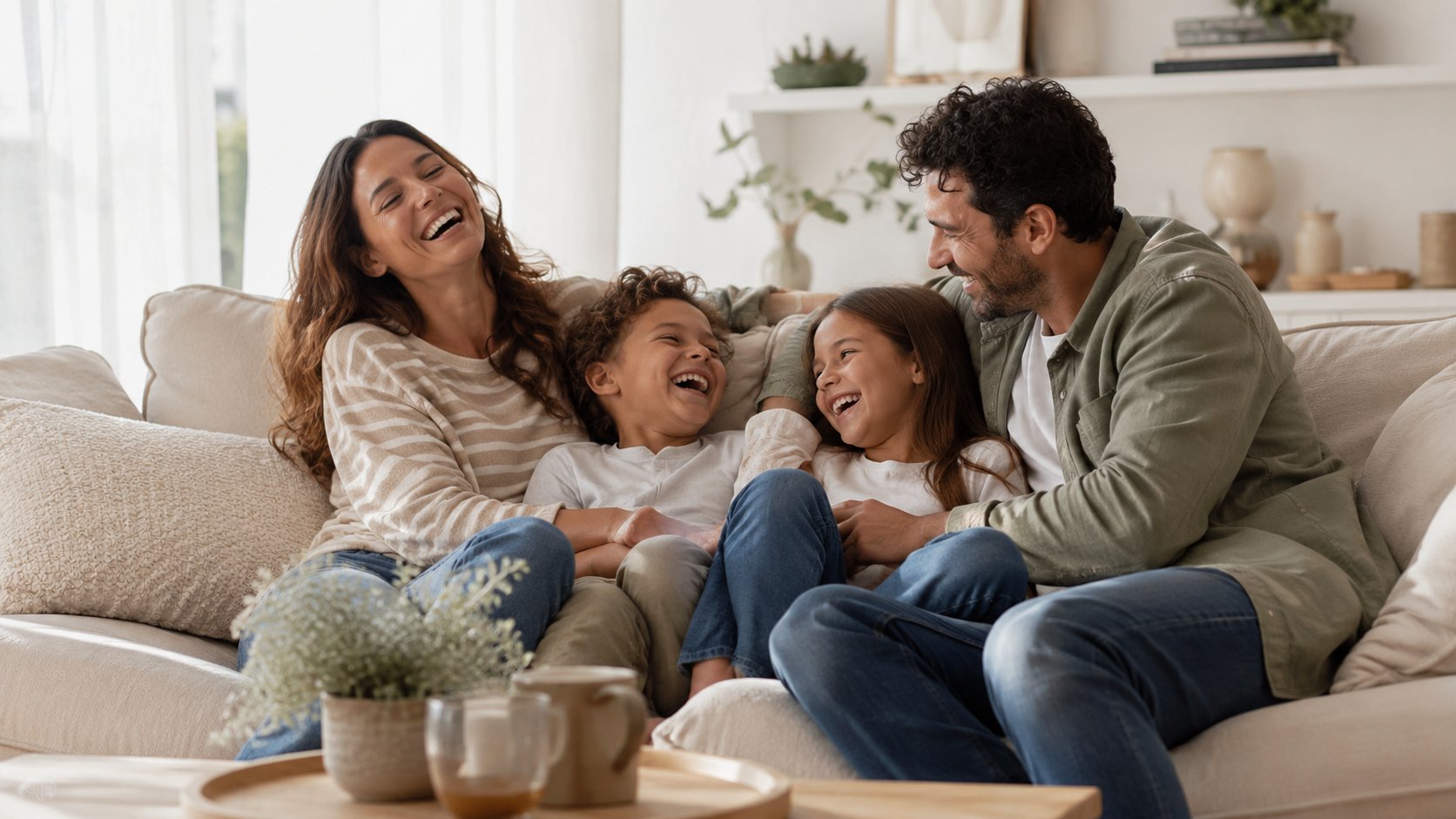 Famille souriante dans son salon, accompagnée par ERENA dans son projet de rénovation